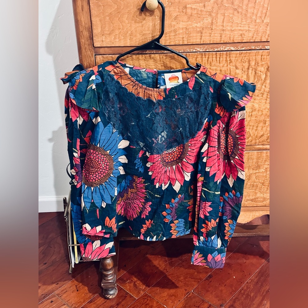 FARM Rio Navy Floral Lace-Yoke Long Sleeve Blouse